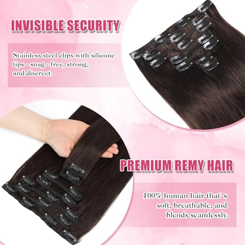 Dark Brown Clip in Hair Extensions 7 Pcs 120g 24 Inch Human Hair Voluminous