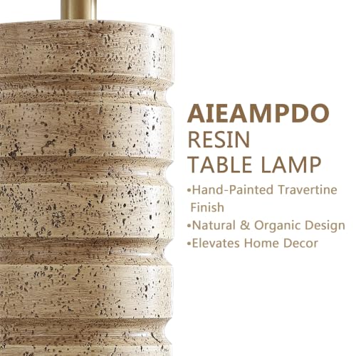 Travertine Resin Table Lamps Set of 2 - Warm Beige with Brass Bases