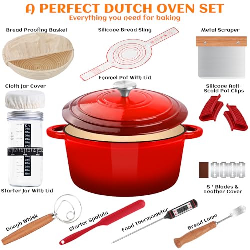 Red Enameled Cast Iron Dutch Oven Pot 5QT for Bread Baking with Lid - NZQXJXZ