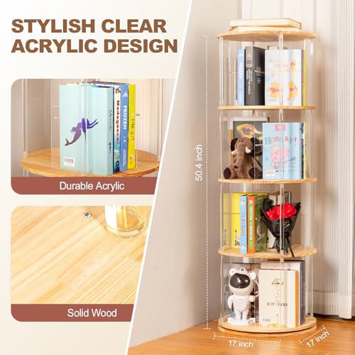 4-Tier Natural Round Rotating Bookshelf - 360° Spinning Book Tower with Solid Wood & Clear Acrylic