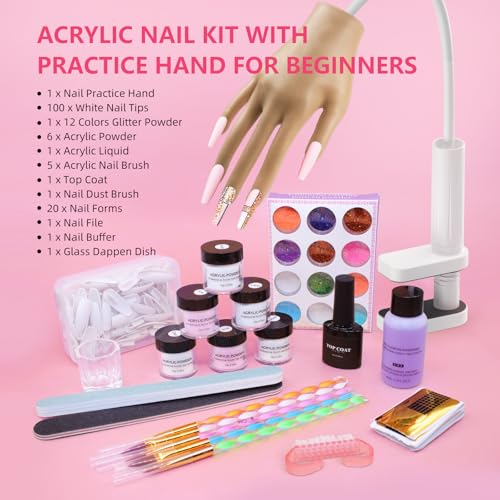 Practice Hand for Acrylic Nails with Nail Tips & Art Tools - Beginners Kit