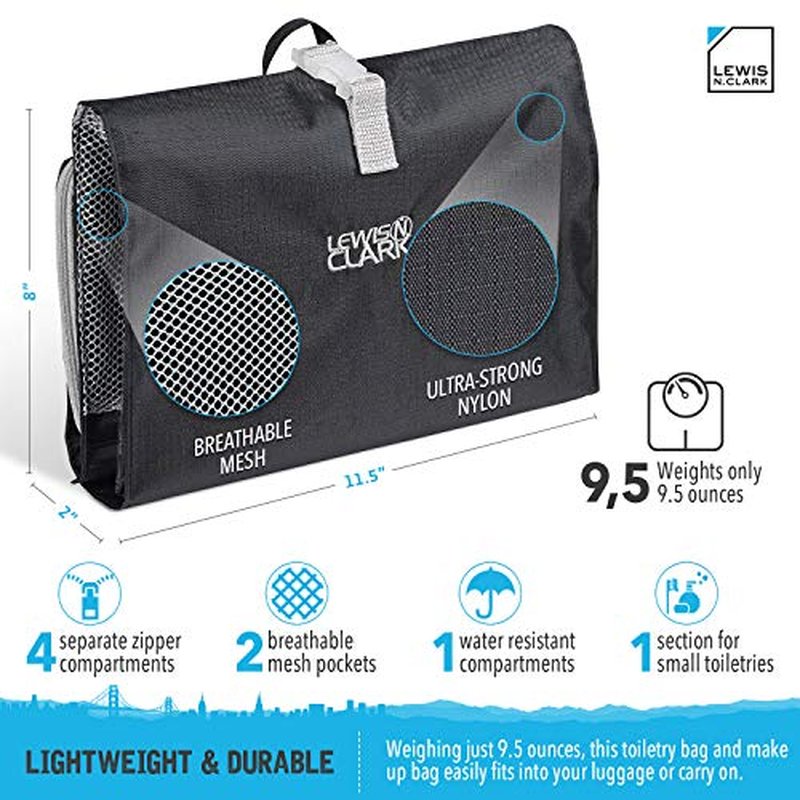 Lewis N. Clark Hanging Toiletry Bag for Travel Accessories, Shampoo, Cosmetics + Personal Items with Waterproof Compartment and Folding Design, Black