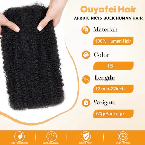 Ouyafei Afro Kinkys Bulk Human Hair 18 Inch 50g - 1B Natural Kinky Curly for Braids & Locs