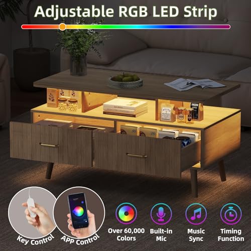 YOSHOOT 37-Inch LED Coffee Table with Storage & Remote Control - Nature Finish