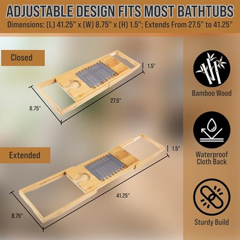 Bamboo Bathtub Tray - Wood Bath Caddy with Book, Phone, or Tablet Rest, Cup Holder, and Extended Sides for Bath Accessories by Home-Complete (Natural)