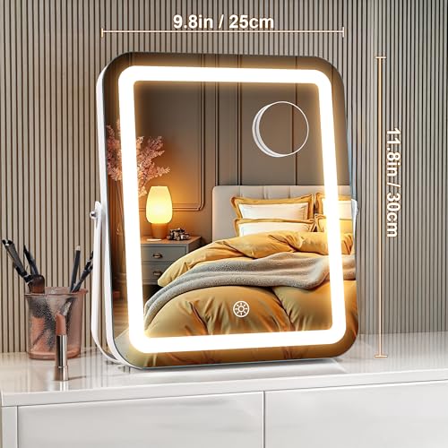 MINISO Vanity Mirror with Lights, 9.8" x 11.8" LED Makeup Mirror, Light & Brightness Adjustment, Smart Sensor, Aluminum Alloy Metal White Frame, with 5X Magnifying Glass