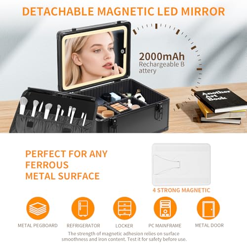 CHENGLIN Makeup Case with Lighted Mirror ? Waterproof Travel Train Case, Cosmetic Organizer with Adjustable Dividers, Magnetic LED Mirror, Portable Makeup Suitcase for Women, Black