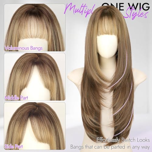 Eawwii 26-Inch Wig with Bangs Realistic 4x4 Scalp, Brown Blonde Highlight