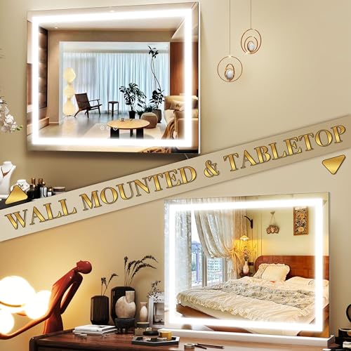 ROLOVE 23x18 Inch Lighted Vanity Mirror, 3-Color Dimmable LED & Touch Control - Large Makeup Mirror for Dressing Room (Wall/Tabletop Mount)