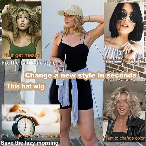 14 Inch Black Synthetic Wavy Wig Hat with Natural Wave Hair Extensions for Women — Adjustable Baseball Cap Style
