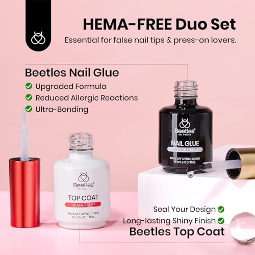Beetles HEMA-Free Nail Glue & No-Wipe Top Coat Set, 2Pcs 15ml TPO-Free Strong Hold for Press-On Nails & Nail Tips, Easy Soak-Off, Mirror-Shine, Beginner-Friendly & Gentle for Sensitive Nails