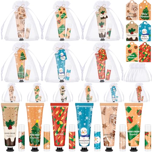 12-Pack Christmas Hand Cream & Lip Balm Gift Set for Women - Festive Scents & Packaging