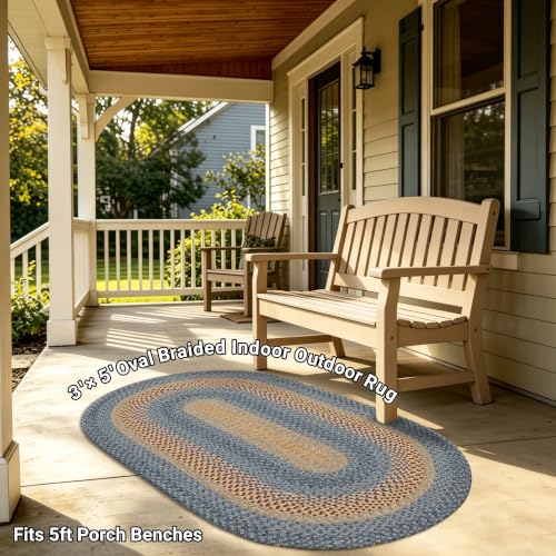Oval Braided Area Rug 3x5 ft Farmhouse Kitchen Mat Natural Rust Blue