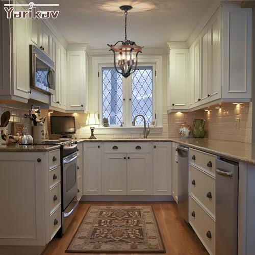 Yarlkav Farmhouse 4 Light Cage Chandelier - Black & Imitation Wood Grain Rustic Pendant Light Fixture, Dimmable Ceiling Light for Dining & Kitchen