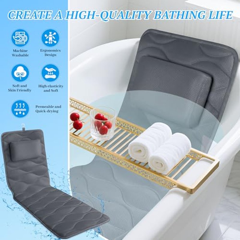Bath Pillow for Tub with Laundry Bag & 17 Non-Slip Suction Cups, Extra Thick and Soft Bathtub Pillow for Head, Neck & Shoulder Support, 51" x 16" Grey