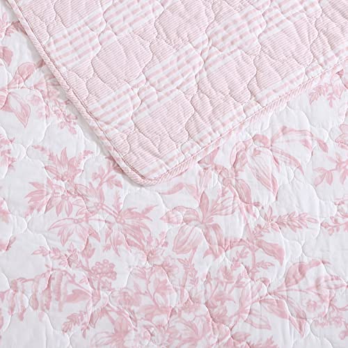 Laura Ashley Twin Cotton Quilt Set with Pillow Sham - Bedford Pink Reversible Bedding