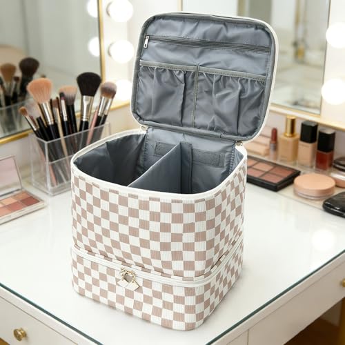 KhaKi Checkered Nail Polish Organizer Bag Holds 30 Bottles 2-Layer Travel Case
