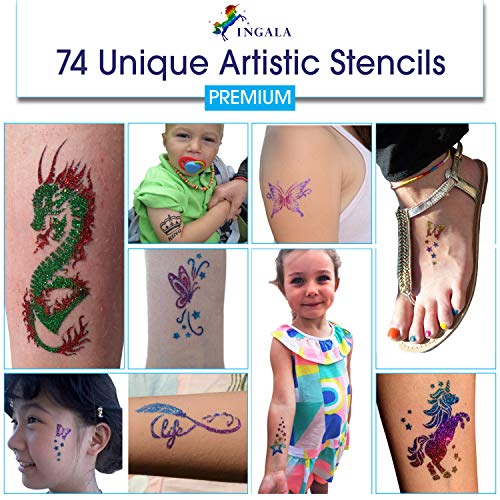 Blue Glitter Temporary Tattoo Kit for Kids & Teens with 74 Stencils & Body Glue
