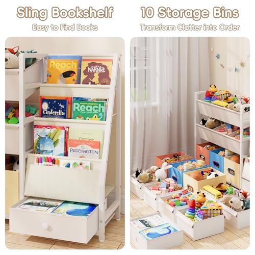 Kids Toy Storage Organizer with 10 Bins and 3 Shelves - Kids Bookcase