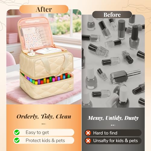 YOREPEK Beige 2-Layer Nail Polish Organizer Case for 42 Bottles (15ml)