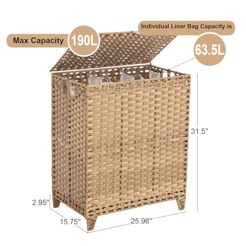 Laundry Hamper with Lid 190L Large 3-Section Rattan Laundry Basket - Natural