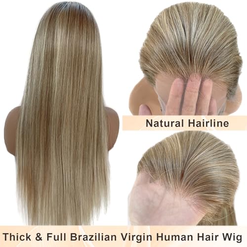 Benafee Highlight Ombre Ash Blonde 13x4 Lace Front Wig 18 Inch Light Blonde Highlights, Pre-Plucked Natural Hairline, 180% Density, Human Hair, Glueless