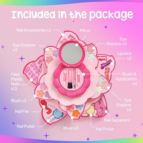 Kids Makeup Kit with Flower Case – 41-Piece Face & Nail Art Set for Ages 3-10