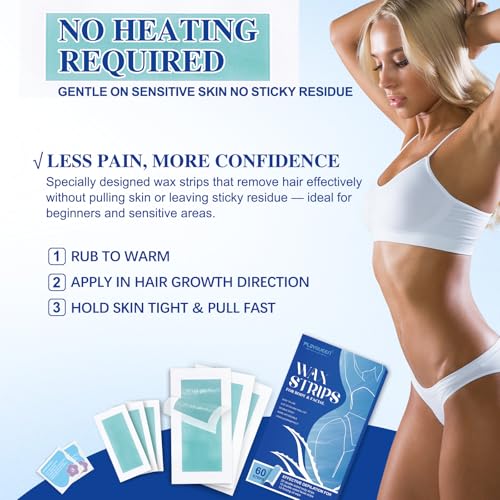 Wax Strips Hair Removal Kit ? 60 Wax Strips + 10 Calming Oil Wipes, No Heating Required, Gentle & Effective for Face, Legs, Arms & Underarms, For Sensitive Skin, Beach Travel Essentials Kit