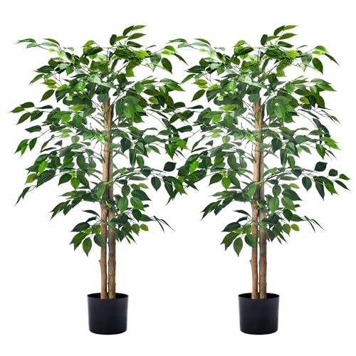 2-Pack 4FT Artificial Ficus Trees - Realistic Leaves & Natural Trunk for Indoor & Outdoor Decor