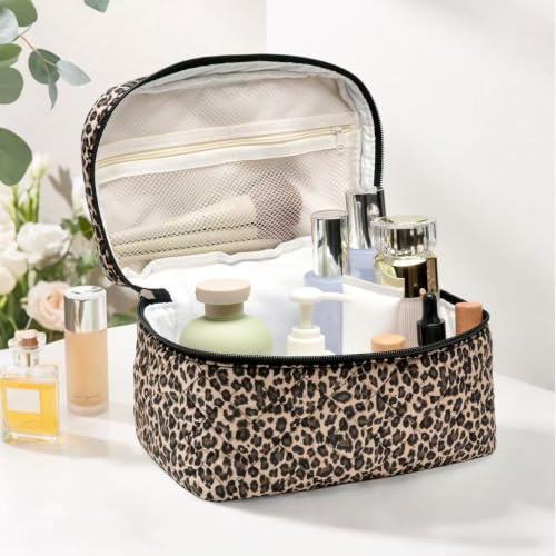 Leopard Print Quilted Makeup Bag Set - 3 Sizes Cosmetic & Toiletry Storage