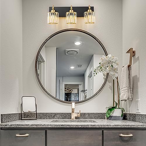 HUOKU Black Gold Round Shade 3-Light Crystal Bathroom Vanity Light Fixture