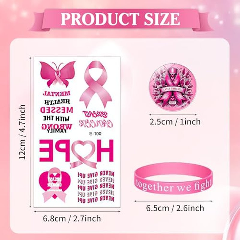 36 Pcs Breast Cancer Awareness Items Bulk, Pink Breast Cancer Awareness Accessories Decorations Include Breast Cancer Bracelets, Pins Buttons, Temporary Tattoo Stickers