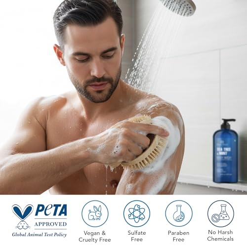 Botanic Hearth Tea Tree & Mint Body Wash with Silicone Body Brush - 16 fl oz, Refreshing Shower Set