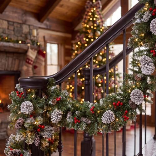Pre-Lit Frosted Berry Christmas Garland - 9ft Indoor Outdoor Holiday Decor