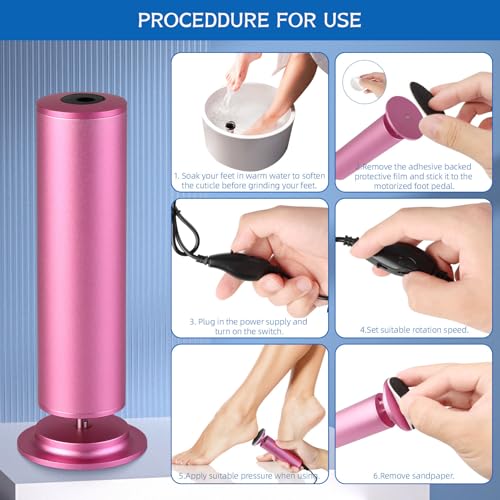 Electric Foot File - Callus Remover, Adjustable Speed, 60pcs Replacement Sandpaper Disks, Aluminum, Pink