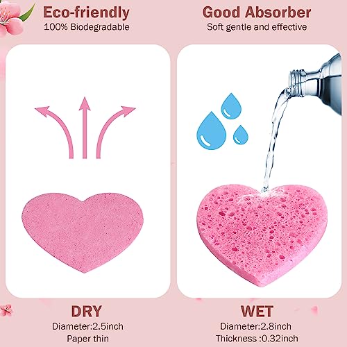 Dandat Pink 300 Count Compressed Heart-Shaped Facial Sponges for Cleansing & Exfoliating