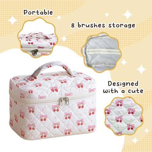 Quilted Makeup Bag Large Cosmetic Travel Case for Women Cherry Ribbon Pattern Vanity Soft Cotton Toiletry Organizer Skincare Brushes Accessories Storage
