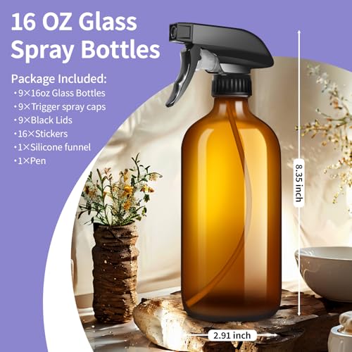 Glass Spray Bottles 16oz Set with UV Protection for Essential Oils & Cleaning