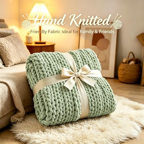 Sage Green Chunky Knit Blanket Throw 60x80 Inches - Cozy Couch Cover