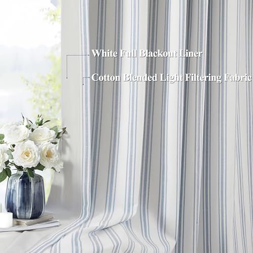 Blue Striped Full Blackout Curtain Panels 55 x 90 Inches Pack of 2 - Light Filtering Bedroom Drapes