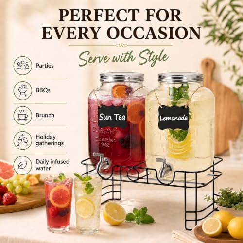 Kikcoin 2 Gallon Glass Drink Dispensers with Stand – 2 Pack
