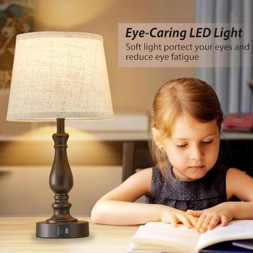 EJIAXIN Set of 2 Beige Fabric Dimmable Touch Bedside Table Lamps with USB-C + A Ports