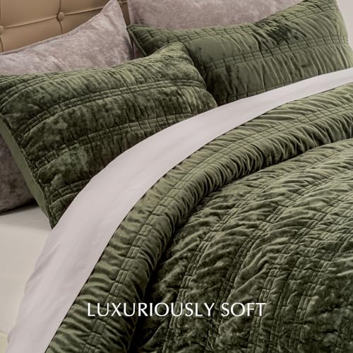 King Size Velvet Quilt Set with Ruched Texture - Olive Green, Lightweight & Luxurious