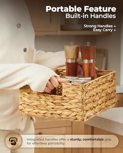 Water Hyacinth Storage Baskets Set of 6 - Natural Woven Bin with Handles, Rectangular Variation