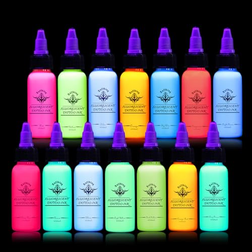 Fluorescent Tattoo Ink Set - 14 Colors UV Glow Pigment Kit - 1 fl oz (30ml) - Professional & Beginner