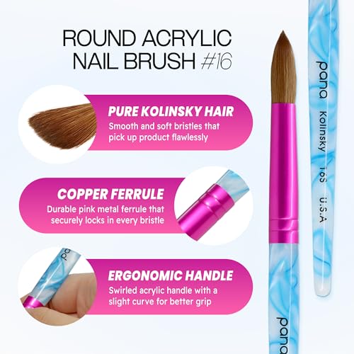 PANA Pure Kolinsky Nail Brush Size 16 - Round Shape Pink Ferrule & White Swirl Blue Handle