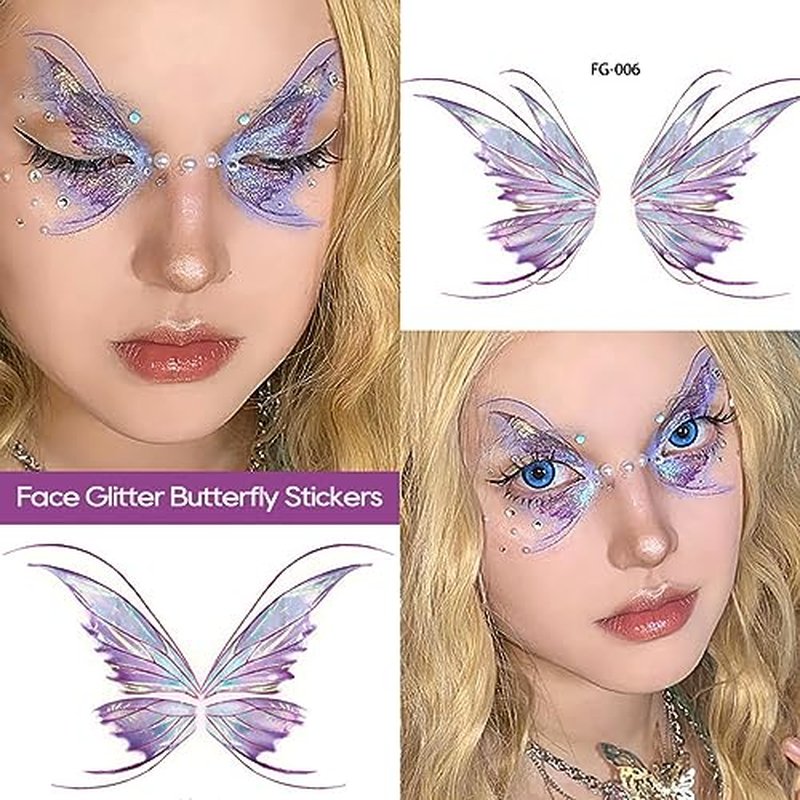 14 Sheets Glitter Butterfly Temporary Tattoos Sticker for Eye Face Makeup Decoration, Body art tattoo stickers Shiny Butterflies Waterproof Fake Tattoos for Women Girls Festival Party Eye Decor