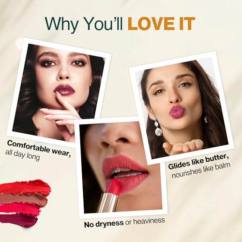 NOURISH MANTRA Creamy Matte Lipstick - Kashmiri Mirch | Non-drying, Highly Pigmented | Matte Finish | Enriched with Castor Oil & Vitamin E | Lipstick for Women | 4 g