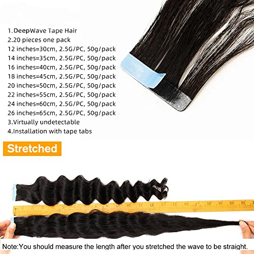 Deep Wave Tape-In Hair Extensions 16 Inch - 20pcs/Pack, 50g, Seamless Human Hair with Reusable Tape - Variation #1B-DW 50