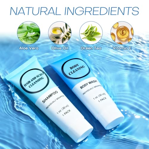 Travel Size Shampoo and Body Wash Bulk, Individually Wrapped Hotel Mini Shower Gel and Small Men Women Cleansing Toiletries Amenities for Hotel/Vacation/Homeless 1 oz (3.7inch, Count, 100)